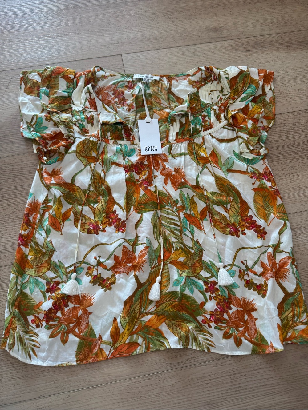 Rose & Olive White Floral Peasant Blouse with Orange and Green Print